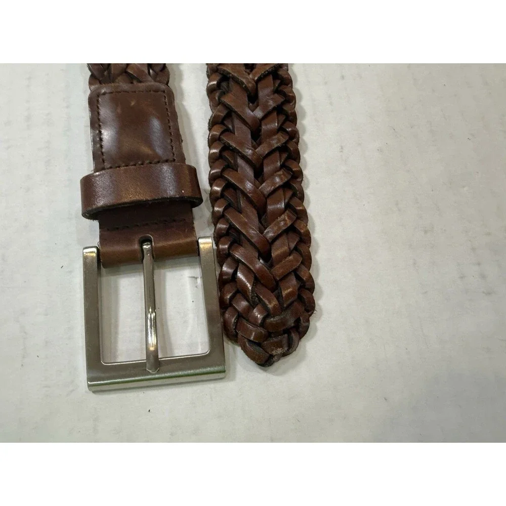Braided Woven Leather Belt Nickel Tone‎ Brown Buckle Size L